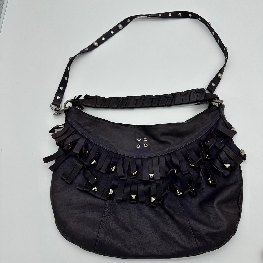 Carla Mancini Purple Leather Studded Fringe Hobo Shoulder Bag Silver‎ Hardware